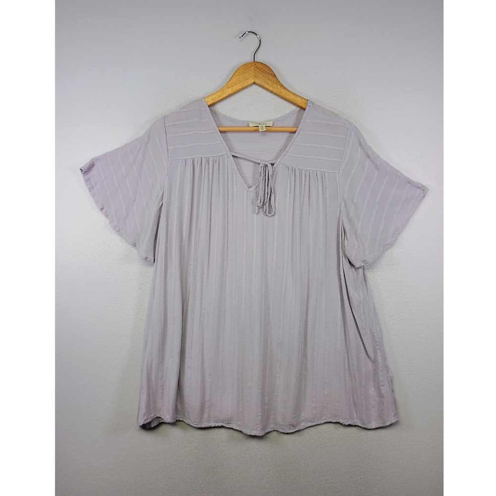 Boho Cottagecore Como Blu Womens 1X Lavender Textured Stripe Tie Neck Blouse